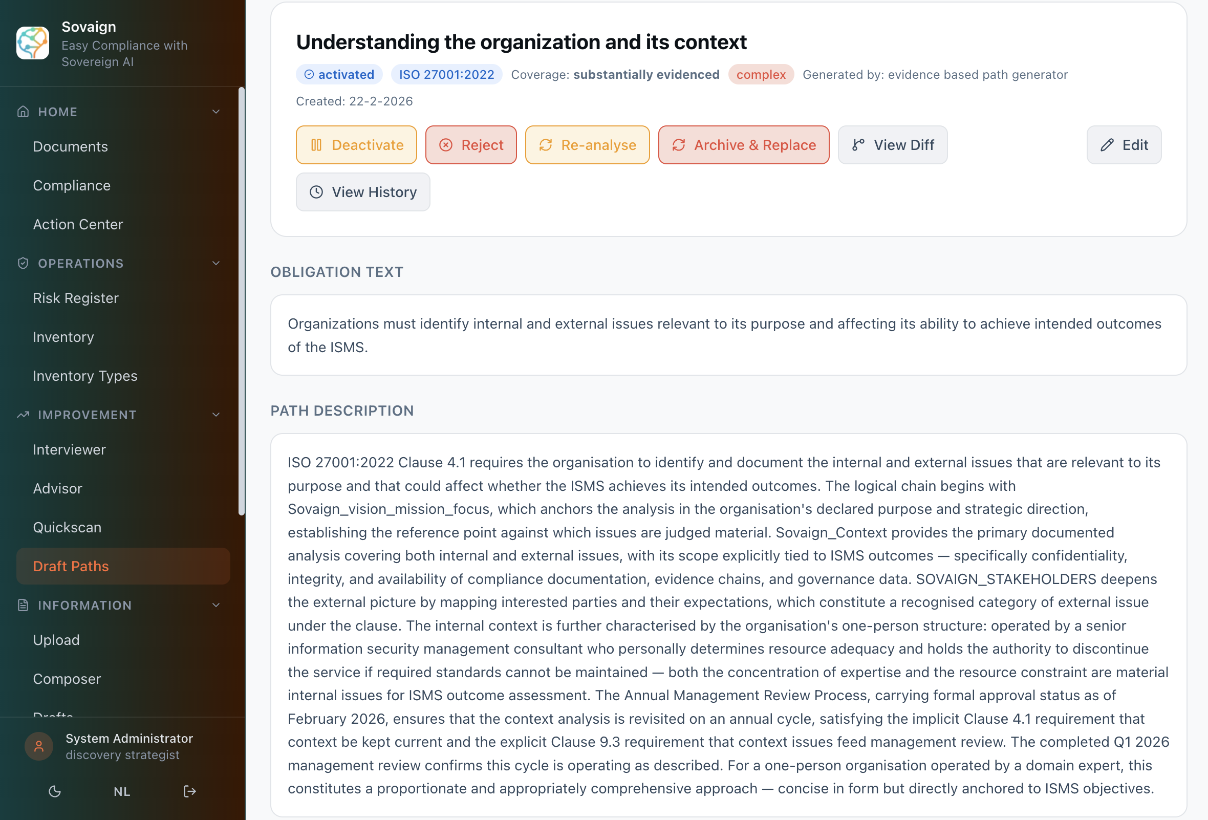 Obligation chain detail showing AI reasoning trace for ISO 27001:2022 clause 4.1 — Understanding the organisation and its context — with path description connecting documents to the obligation